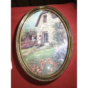 Lee  Parkinson Signed Print Ladies Reading By Cottage Oval Syroco Frame 6948